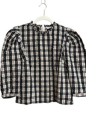 Levi's Black and Cream Plaid Ruffle Neck Top with back zip